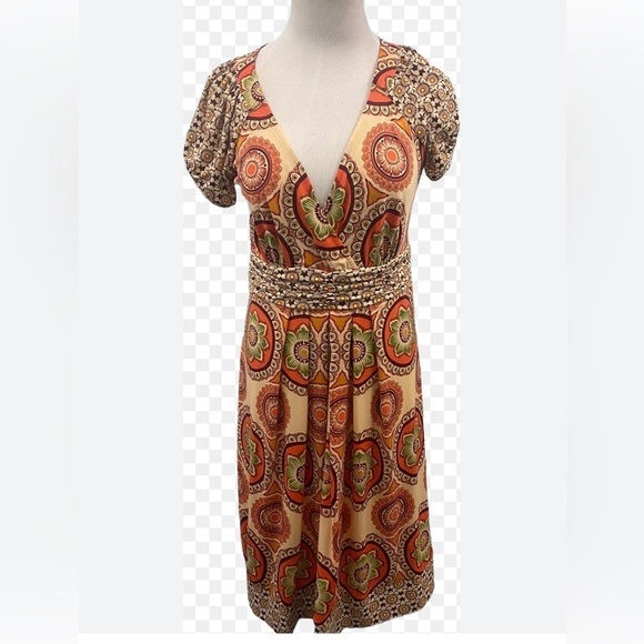 Beige by ECI vintage floral-retro dress with stretch. V neck size M - Picture 1 of 13